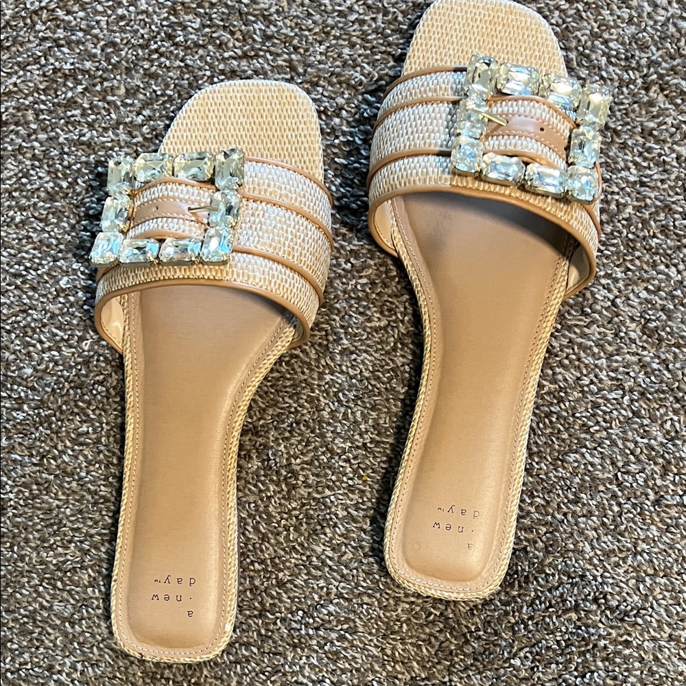 a new day Tan Jeweled Buckle Slide Mules
